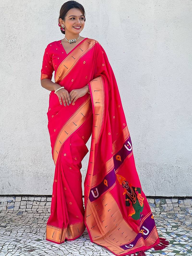 Pink woven design zari silk blend paithani saree