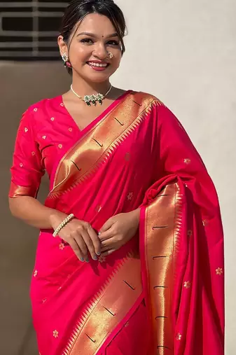 Pink woven design zari silk blend paithani saree