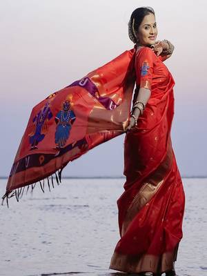 Red woven design zari paithani saree 4