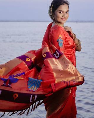 Red woven design zari paithani saree 5