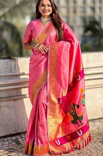 Pink ethnic motifs silk blend paithani saree