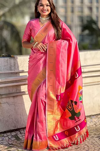 Pink ethnic motifs silk blend paithani saree