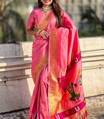 Pink ethnic motifs silk blend paithani saree