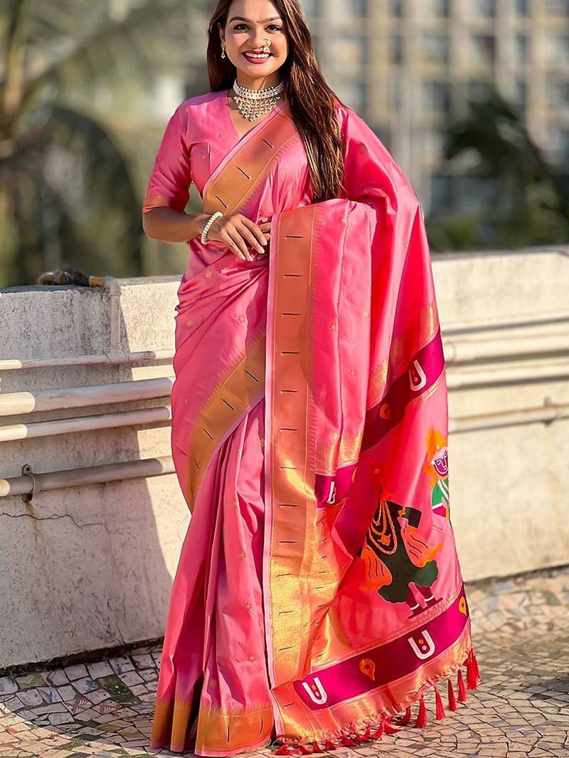 Pink ethnic motifs silk blend paithani saree