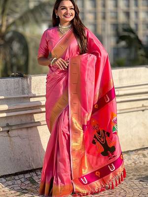 Pink ethnic motifs silk blend paithani saree 2