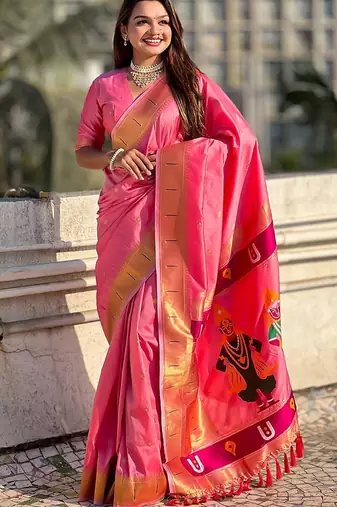 Pink ethnic motifs silk blend paithani saree