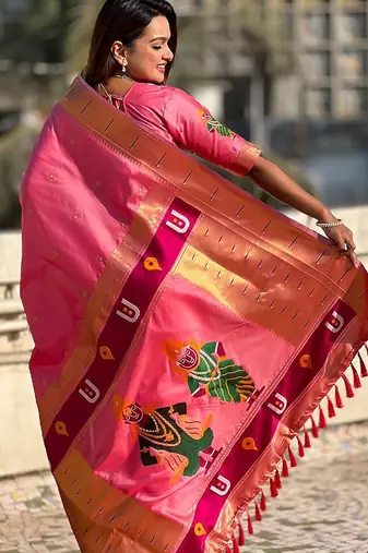 Pink ethnic motifs silk blend paithani saree