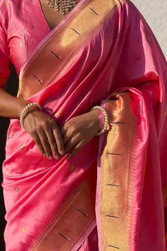 Pink ethnic motifs silk blend paithani saree