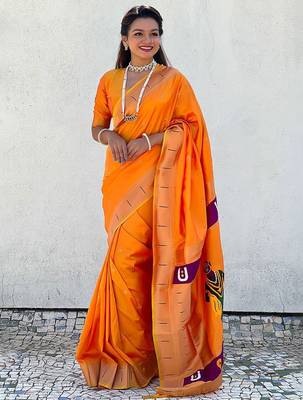Yellow ethnic motifs silk blend paithani saree 1