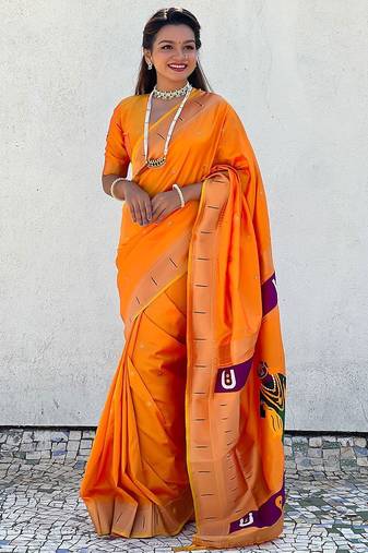 Yellow ethnic motifs silk blend paithani saree