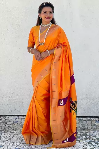 Yellow ethnic motifs silk blend paithani saree