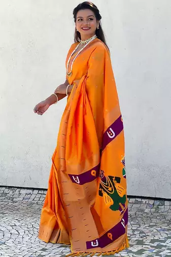Yellow ethnic motifs silk blend paithani saree