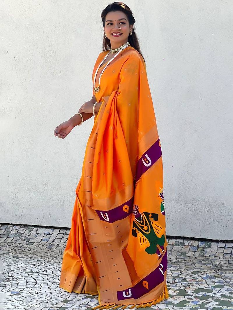 Yellow ethnic motifs silk blend paithani saree