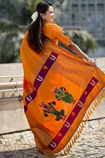 Yellow ethnic motifs silk blend paithani saree