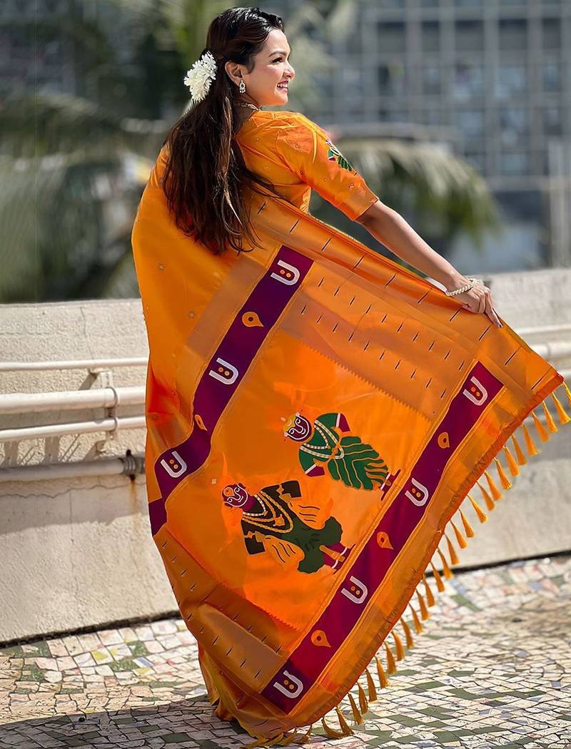 Yellow ethnic motifs silk blend paithani saree