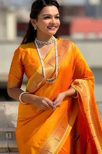 Yellow ethnic motifs silk blend paithani saree