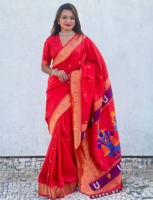 Red woven design zari silk blend paithani saree 1