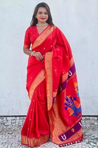 Red woven design zari silk blend paithani saree