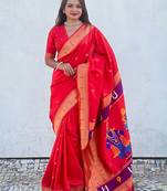 Red woven design zari silk blend paithani saree