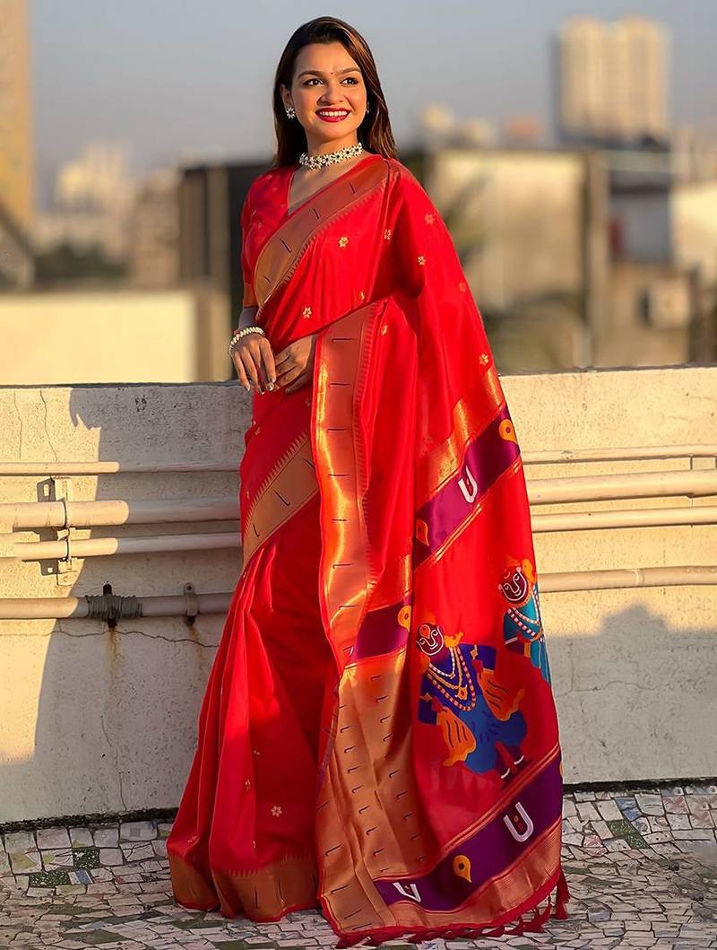 Red woven design zari silk blend paithani saree