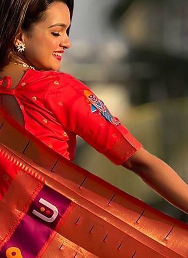Red woven design zari silk blend paithani saree