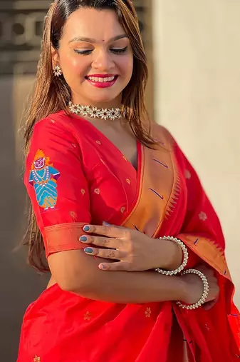 Red woven design zari silk blend paithani saree