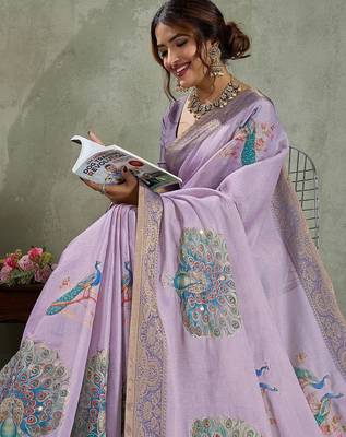 Lavender ethnic motifs printed sequinned tissue kanjeevaram saree 1
