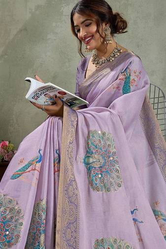 Lavender ethnic motifs printed sequinned tissue kanjeevaram saree