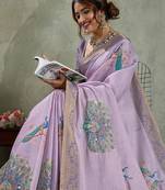 Lavender ethnic motifs printed sequinned tissue kanjeevaram saree