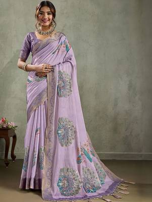 Lavender ethnic motifs printed sequinned tissue kanjeevaram saree 2