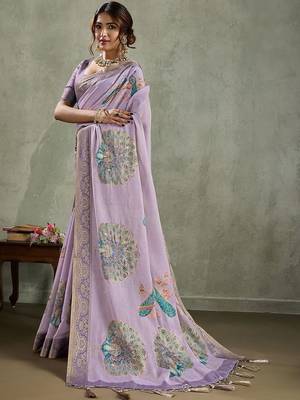 Lavender ethnic motifs printed sequinned tissue kanjeevaram saree 3