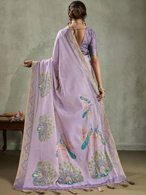 Lavender ethnic motifs printed sequinned tissue kanjeevaram saree 4