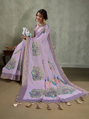 Lavender ethnic motifs printed sequinned tissue kanjeevaram saree 5
