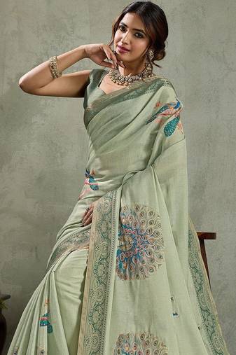 Green ethnic motifs aari work tissue kanjivaram saree