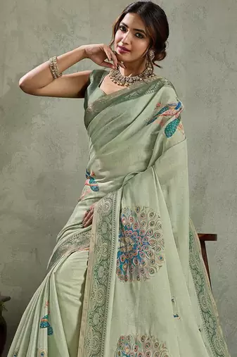 Green ethnic motifs aari work tissue kanjivaram saree