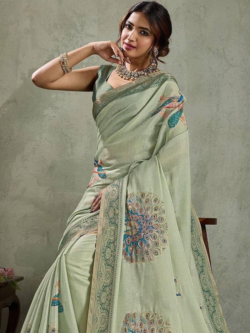 Green ethnic motifs aari work tissue kanjivaram saree