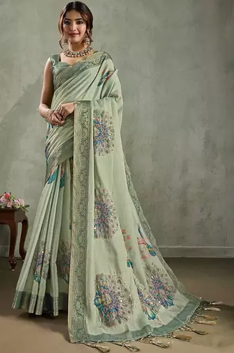 Green ethnic motifs aari work tissue kanjivaram saree