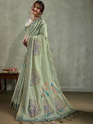 Green ethnic motifs aari work tissue kanjivaram saree 3