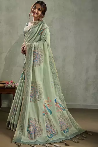 Green ethnic motifs aari work tissue kanjivaram saree