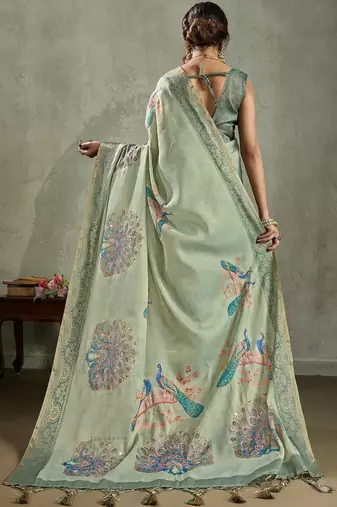 Green ethnic motifs aari work tissue kanjivaram saree
