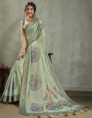 Green ethnic motifs aari work tissue kanjivaram saree 5