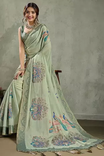 Green ethnic motifs aari work tissue kanjivaram saree