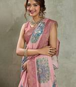 Pink ethnic motifs peacock printed aari work tissue saree