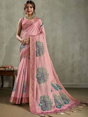 Pink ethnic motifs peacock printed aari work tissue saree 2