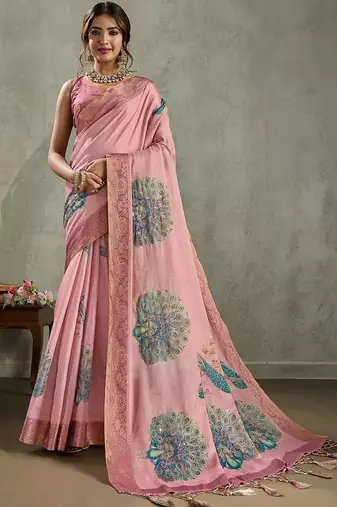 Pink ethnic motifs peacock printed aari work tissue saree