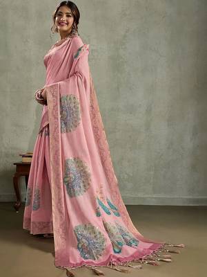 Pink ethnic motifs peacock printed aari work tissue saree 3