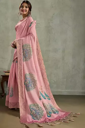 Pink ethnic motifs peacock printed aari work tissue saree