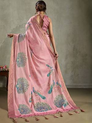 Pink ethnic motifs peacock printed aari work tissue saree 4