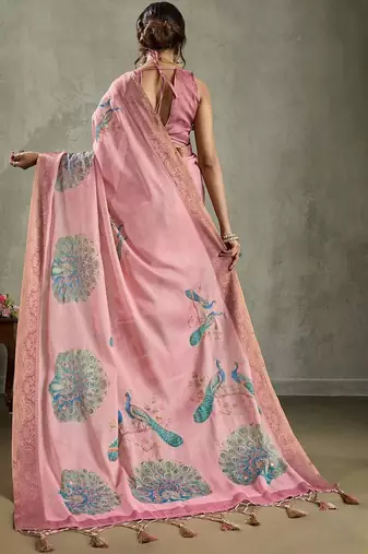 Pink ethnic motifs peacock printed aari work tissue saree