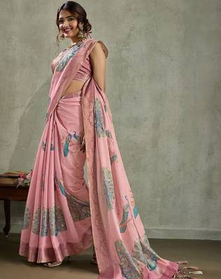 Pink ethnic motifs peacock printed aari work tissue saree 5